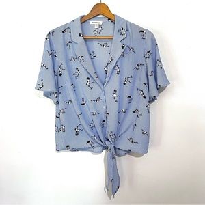 Monteau Flutter Sleeve Tie Front Crane Bird Button Shirt